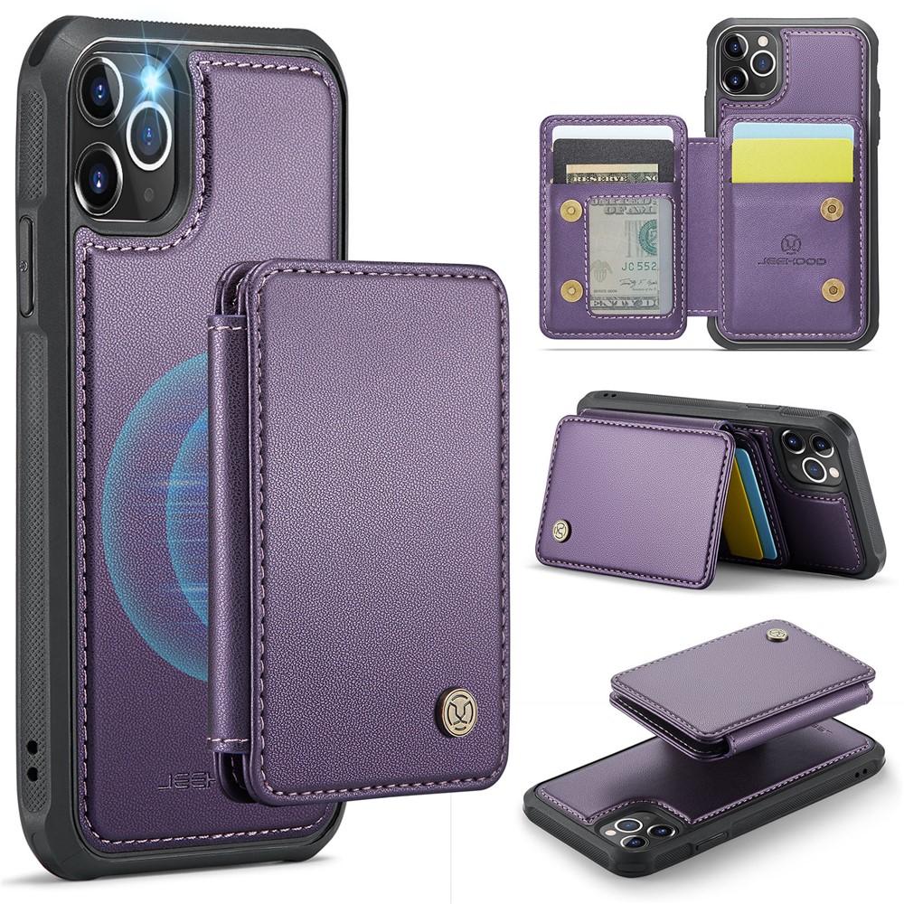 JEEHOOD J05 For iPhone 11 Pro Max Case Leather Mobile Cover with Detachable Magnetic Card Bag - Purple