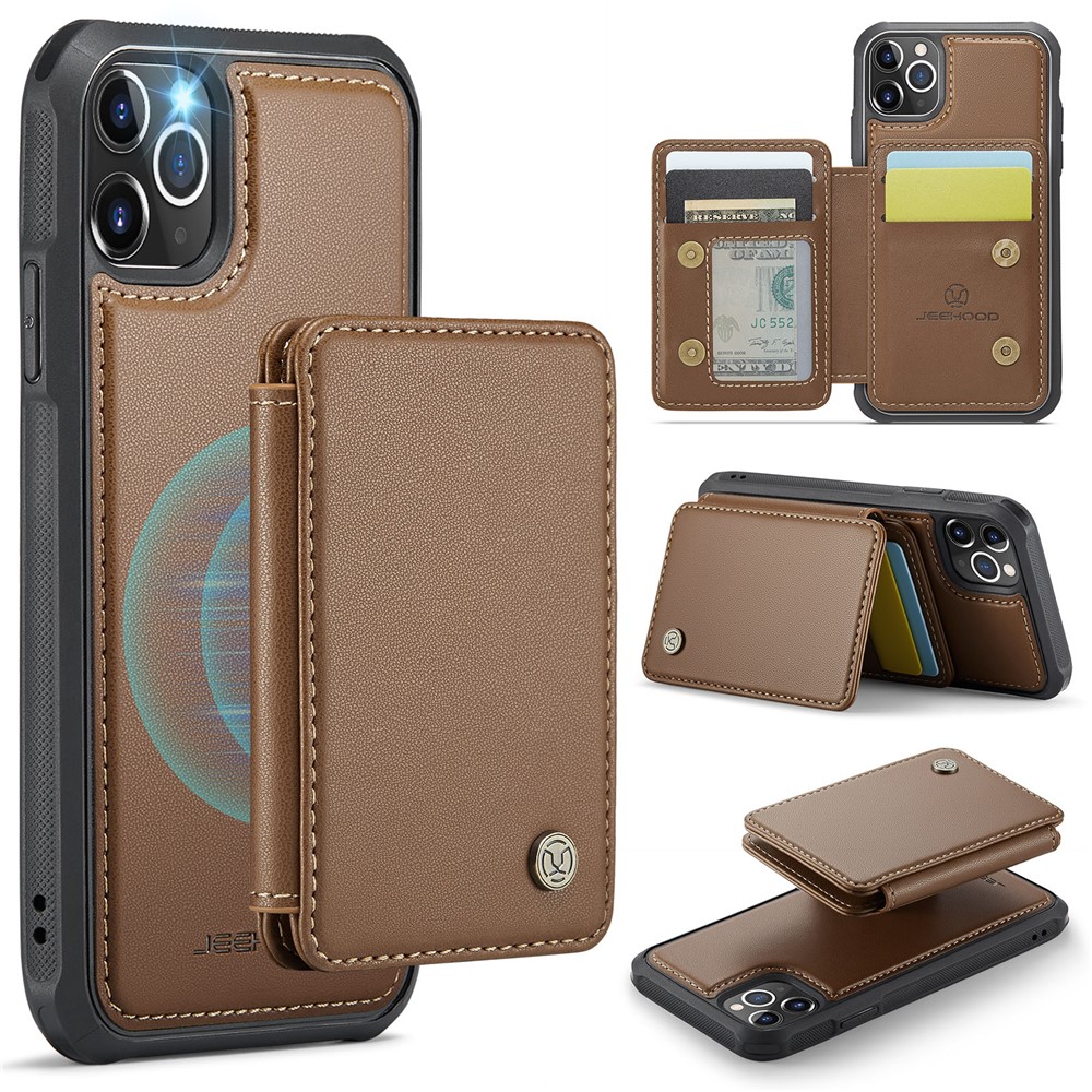 JEEHOOD J05 For iPhone 11 Pro Max Case Leather Mobile Cover with Detachable Magnetic Card Bag - Brown