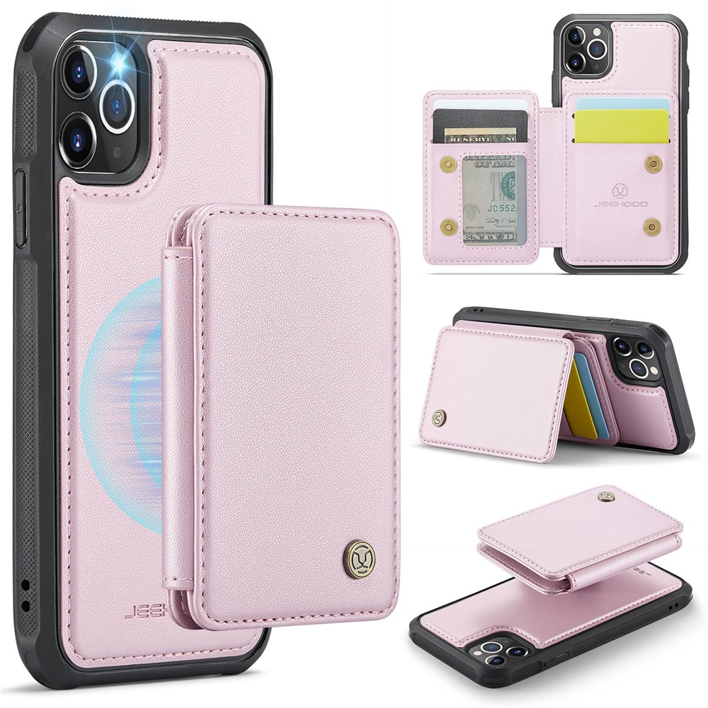 JEEHOOD J05 For iPhone 11 Pro Case Leather Mobile Cover with Detachable Magnetic Card Bag - Pink