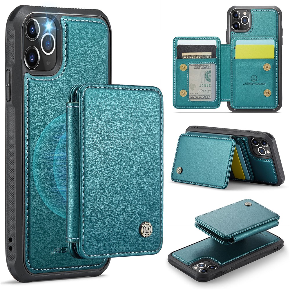 JEEHOOD J05 For iPhone 11 Pro Case Leather Mobile Cover with Detachable Magnetic Card Bag - Cyan