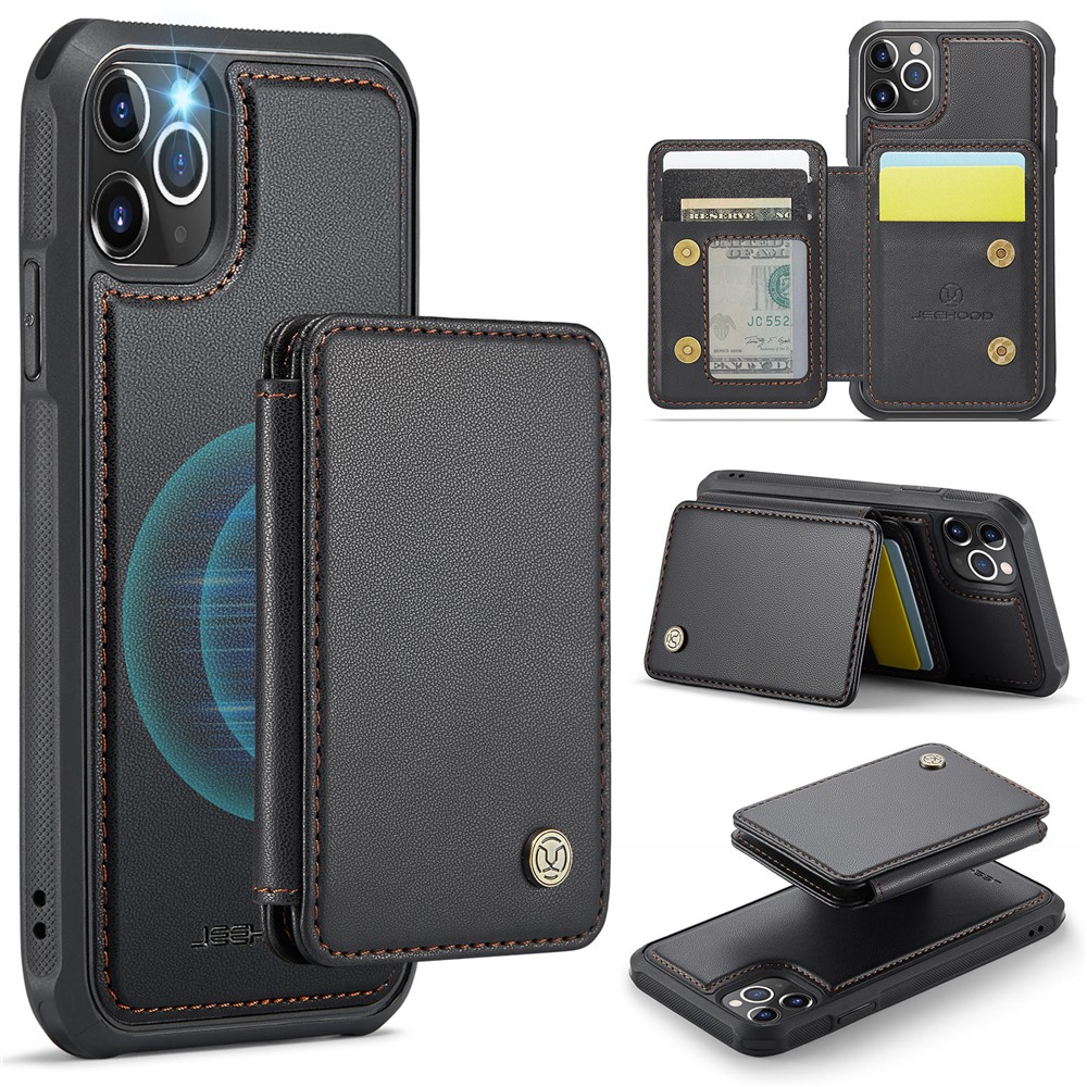 JEEHOOD J05 For iPhone 11 Pro Case Leather Mobile Cover with Detachable Magnetic Card Bag - Black