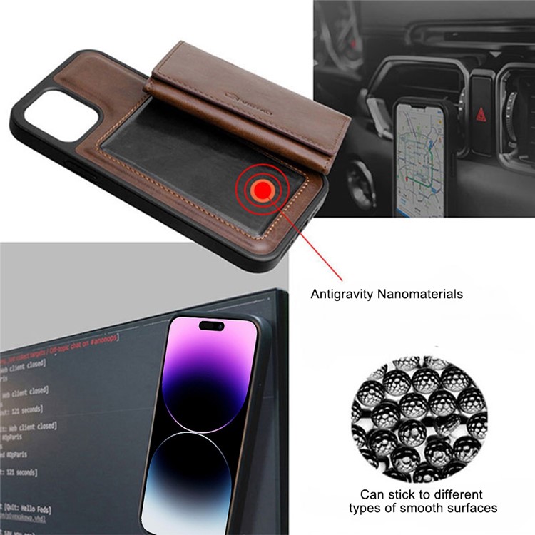 VIETAO For iPhone 13 Pro Max 6.7 inch Anti-Gravity PU Leather Coated TPU Case Detachable 2-in-1 Phone Cover with Wallet Kickstand - Brown-4