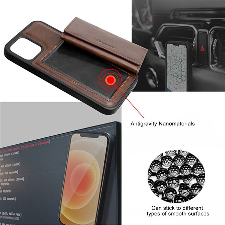 VIETAO Anti-Gravity Phone Case for iPhone 13 Pro 6.1 inch, Detachable Wallet PU Leather Coated TPU Kickstand Cover - Brown-4