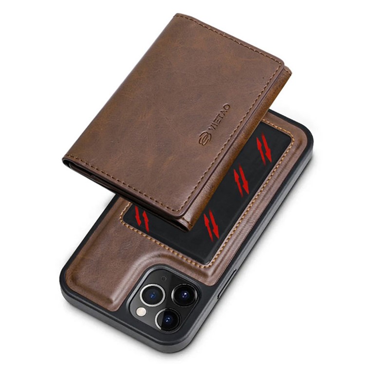 VIETAO Anti-Gravity Phone Case for iPhone 13 Pro 6.1 inch, Detachable Wallet PU Leather Coated TPU Kickstand Cover - Brown-6