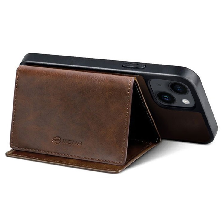 VIETAO Anti-Gravity Detachable Wallet Case for iPhone 14, Kickstand PU Leather Coated TPU Anti-drop Phone Cover - Brown-2