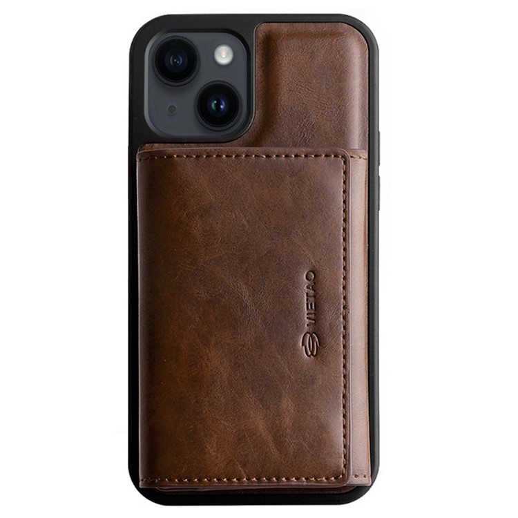 VIETAO For iPhone 14 Plus Anti-Gravity Shockproof Detachable Phone Case Nano Suction PU Leather Coated TPU Wallet Kickstand Cover - Brown-1