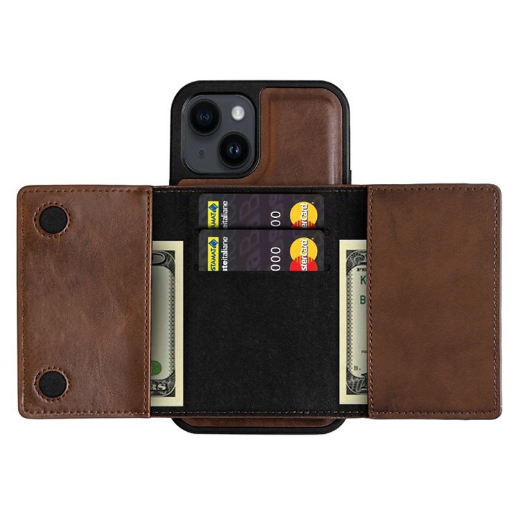 VIETAO For iPhone 14 Plus Anti-Gravity Shockproof Detachable Phone Case Nano Suction PU Leather Coated TPU Wallet Kickstand Cover - Brown-3