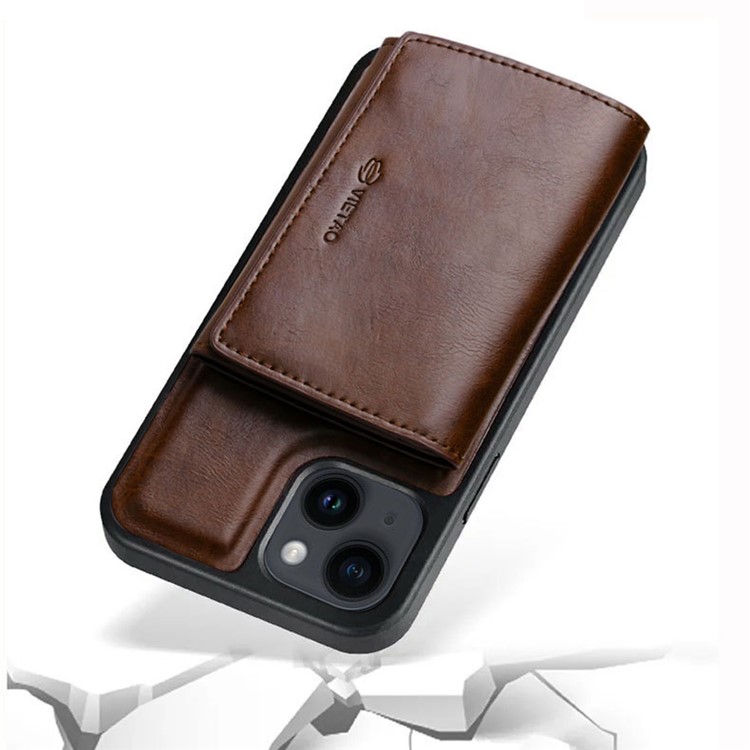 VIETAO For iPhone 14 Plus Anti-Gravity Shockproof Detachable Phone Case Nano Suction PU Leather Coated TPU Wallet Kickstand Cover - Brown-5