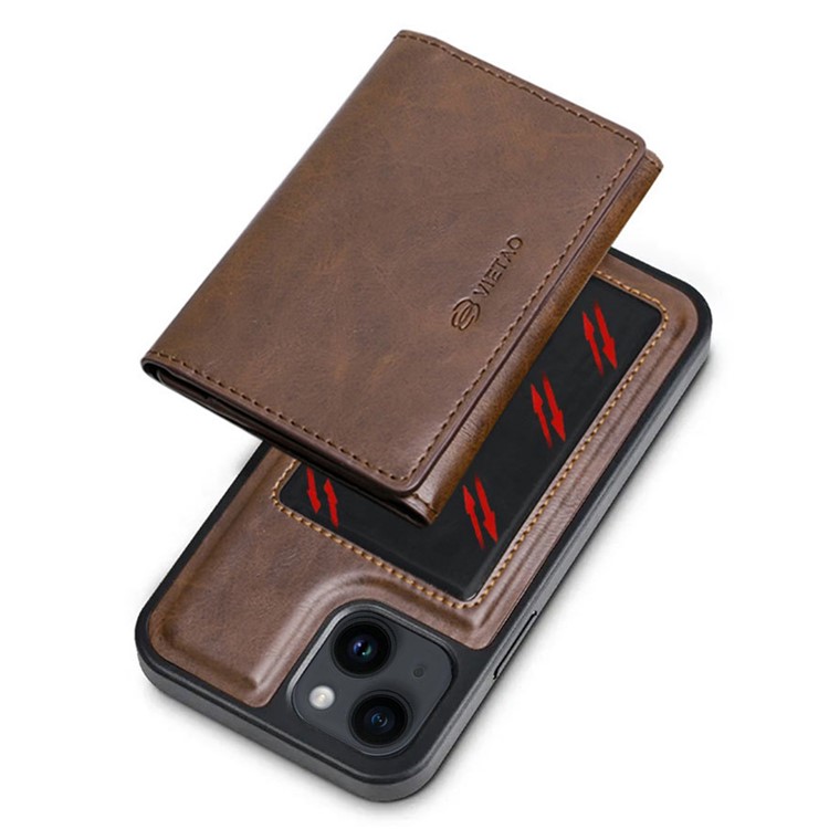 VIETAO For iPhone 14 Plus Anti-Gravity Shockproof Detachable Phone Case Nano Suction PU Leather Coated TPU Wallet Kickstand Cover - Brown-6
