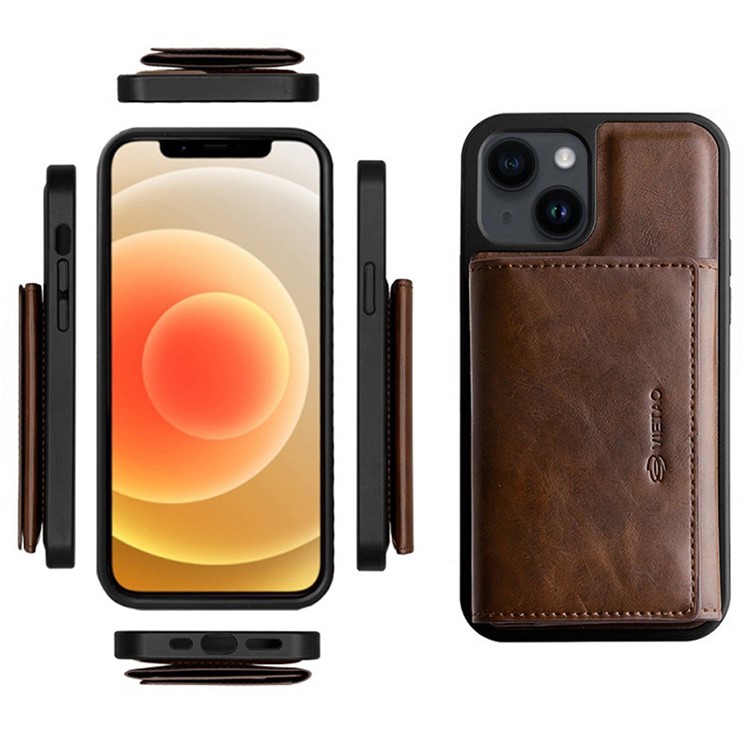 VIETAO For iPhone 14 Plus Anti-Gravity Shockproof Detachable Phone Case Nano Suction PU Leather Coated TPU Wallet Kickstand Cover - Brown-8