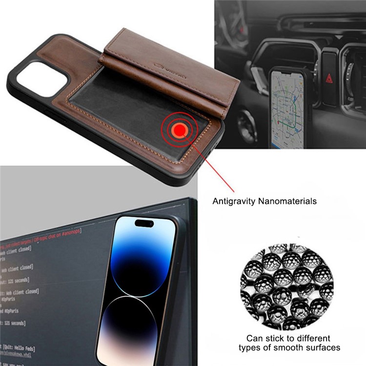 VIETAO For iPhone 14 Pro Anti-Gravity Leather Coated TPU Kickstand Case Detachable Wallet Nano Suction Phone Cover - Brown-4