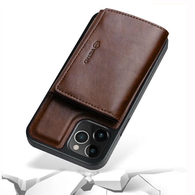 VIETAO For iPhone 14 Pro Anti-Gravity Leather Coated TPU Kickstand Case Detachable Wallet Nano Suction Phone Cover - Brown-5
