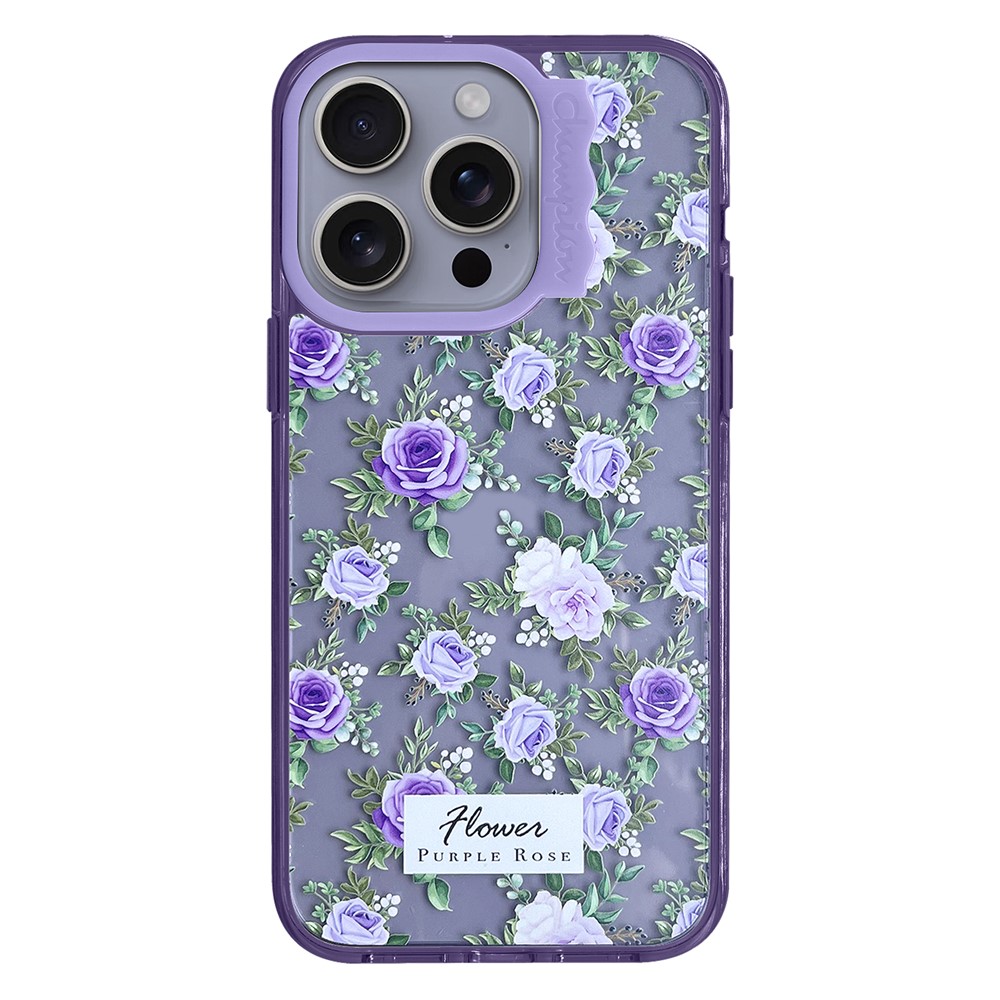 For iPhone 13 Pro Max Case Pattern Design PC + TPU Phone Cover Curly Lens Frame Shape - Purple Flowers