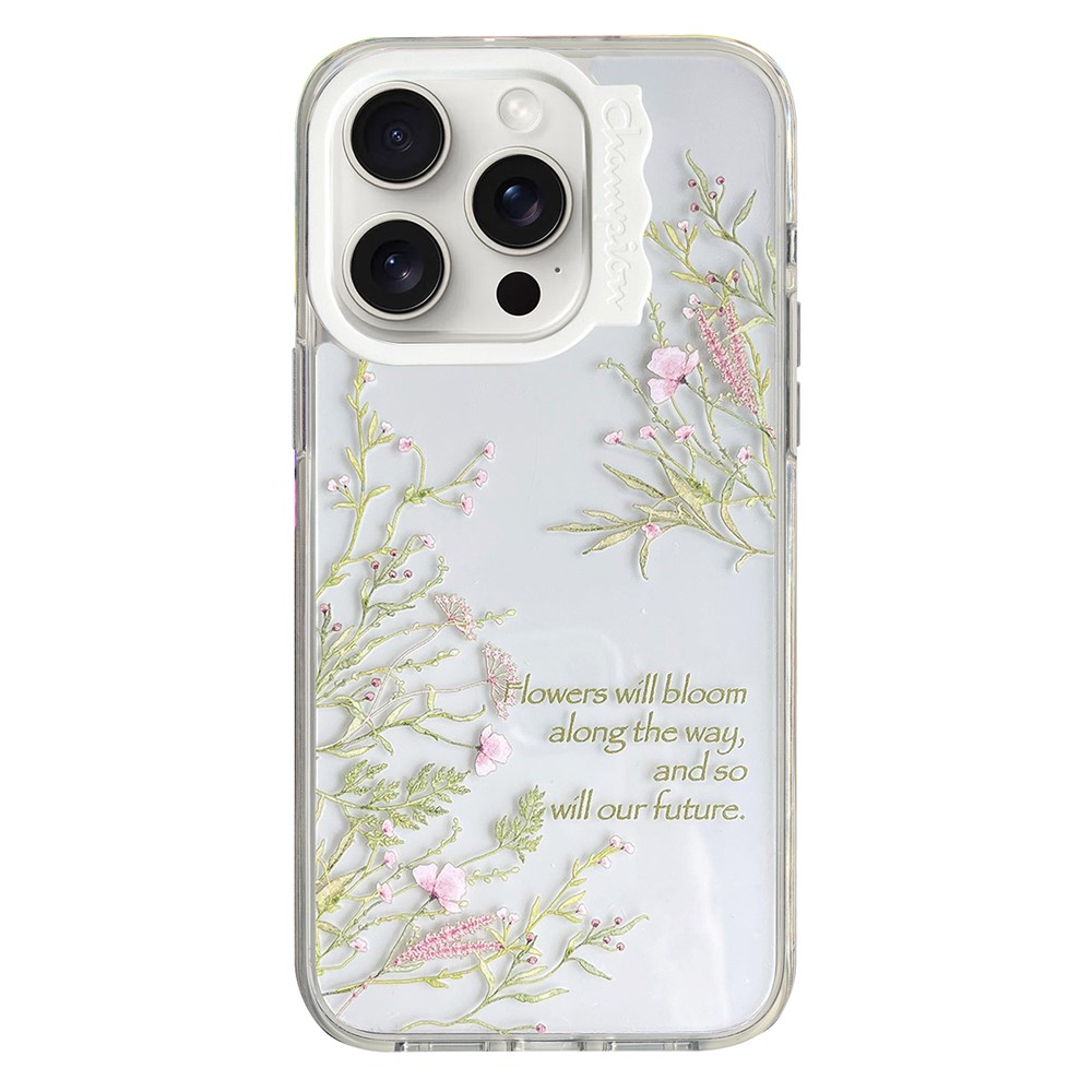 For iPhone 13 Pro Max Case Pattern Design PC + TPU Phone Cover Curly Lens Frame Shape - Pink Flowers
