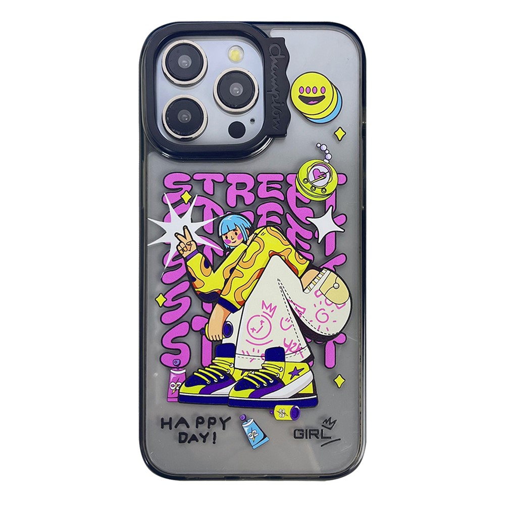 For iPhone 13 Pro Max Case Pattern Design PC + TPU Phone Cover Curly Lens Frame Shape - Happy Day