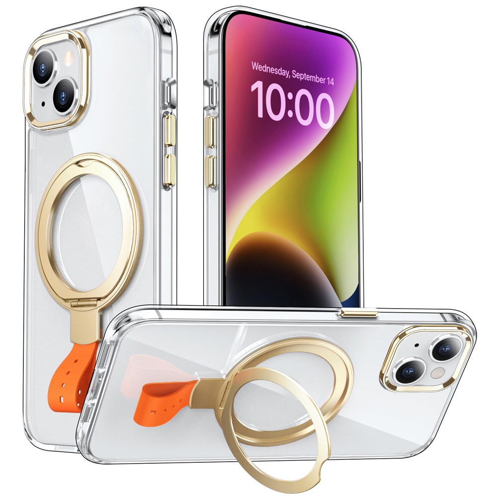 For iPhone 14 Case Compatible with MagSafe Hard PC Clear Phone Cover Ring Holder  -  Transparent Gold / Orange Rope