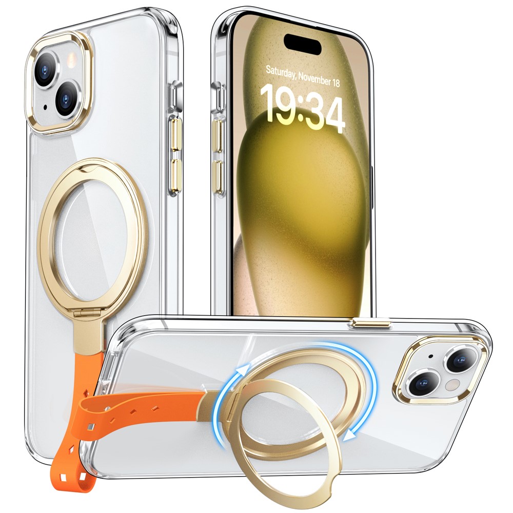 For iPhone 15 Plus Magnetic Case Clear PC Shockproof Phone Cover Grip Kickstand - Transparent Gold / Orange Rope