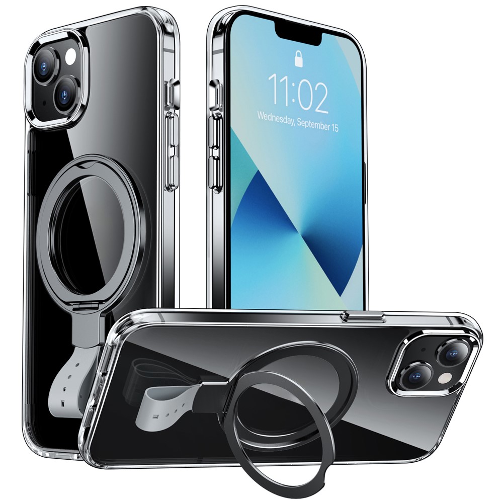 For iPhone 13 Case Magnetic Kickstand PC Drop Protection Phone Cover Clear Back - Transparent Black / Grey Rope