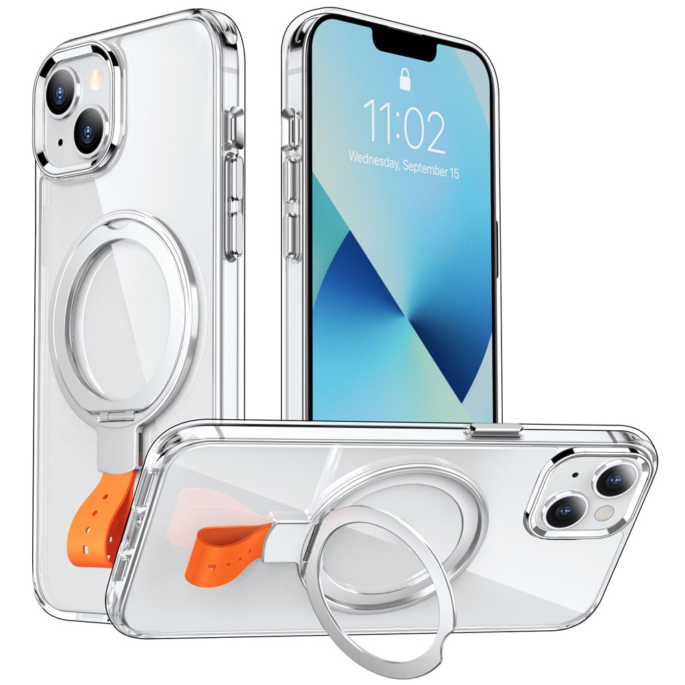 For iPhone 13 Case Magnetic Kickstand PC Drop Protection Phone Cover Clear Back - Transparent Silver / Orange Rope