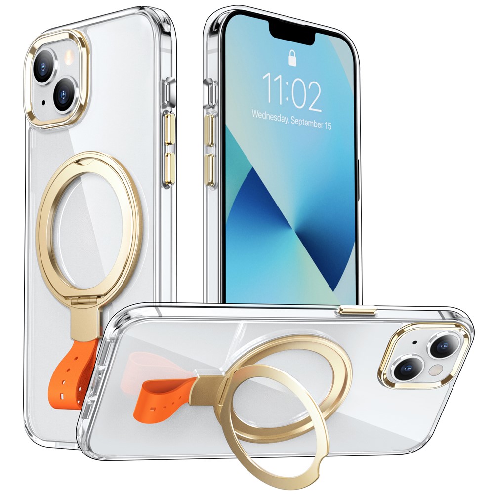 For iPhone 13 Case Magnetic Kickstand PC Drop Protection Phone Cover Clear Back - Transparent Gold / Orange Rope