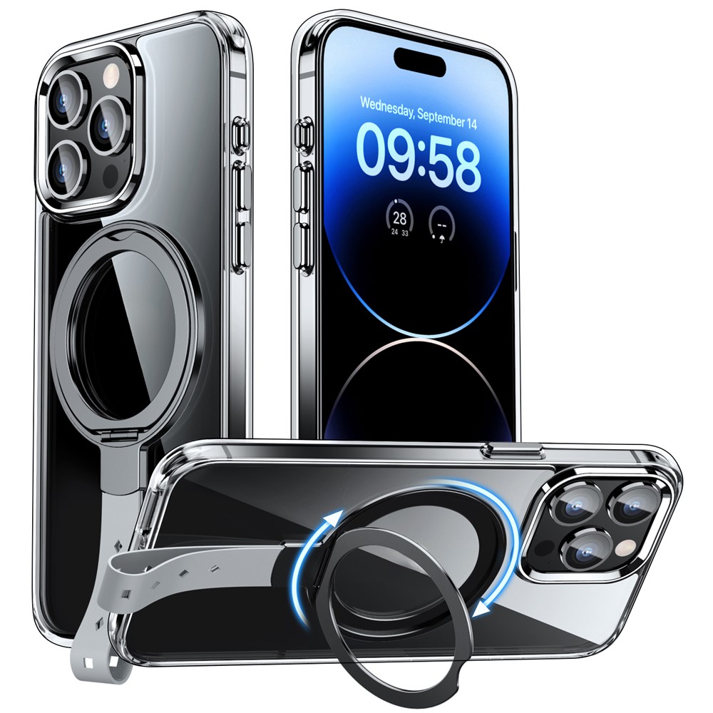 For iPhone 14 Pro Case Compatible with Magsafe Rotatable Kickstand Hard PC Phone Cover - Transparent Black / Grey Rope