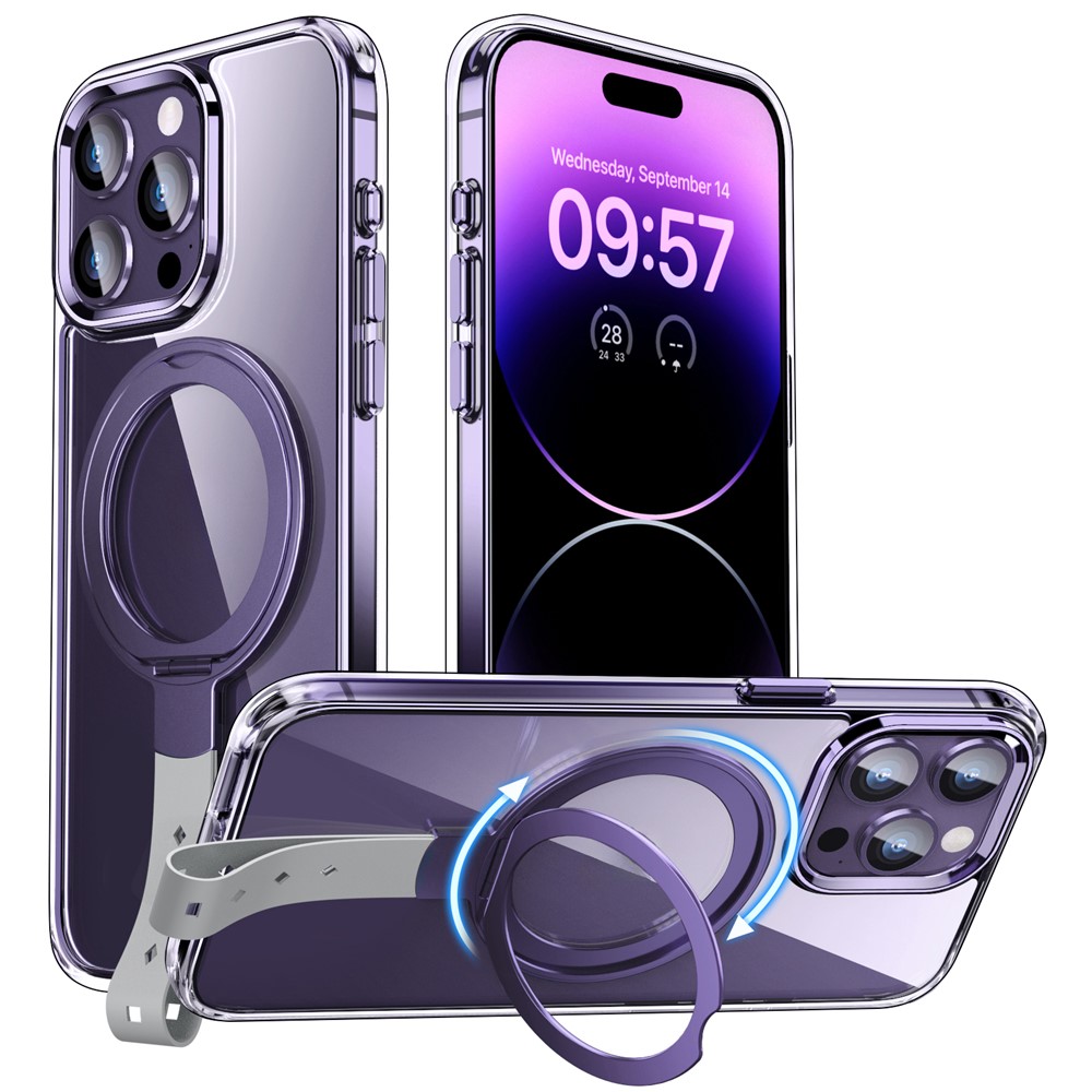 For iPhone 14 Pro Case Compatible with Magsafe Rotatable Kickstand Hard PC Phone Cover - Purple / Grey Rope