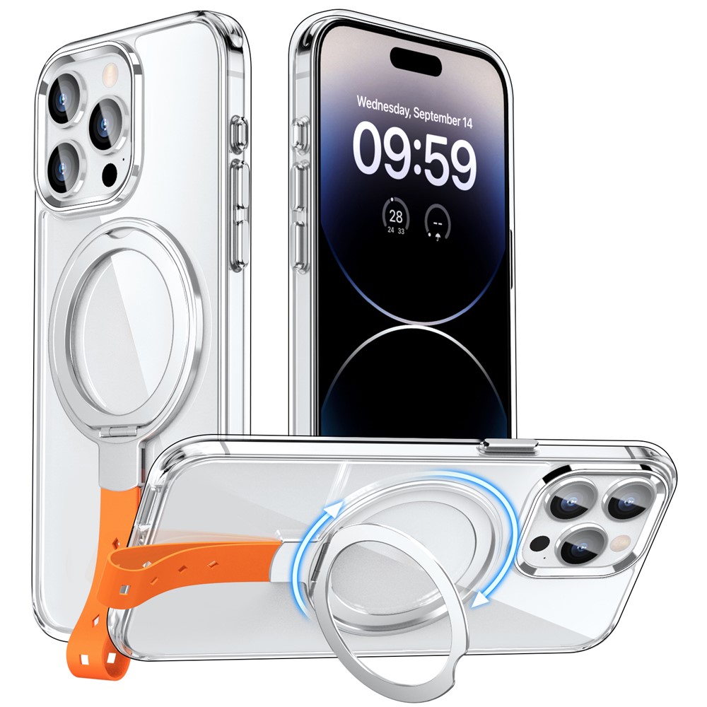 For iPhone 14 Pro Case Compatible with Magsafe Rotatable Kickstand Hard PC Phone Cover - Transparent Silver / Orange Rope