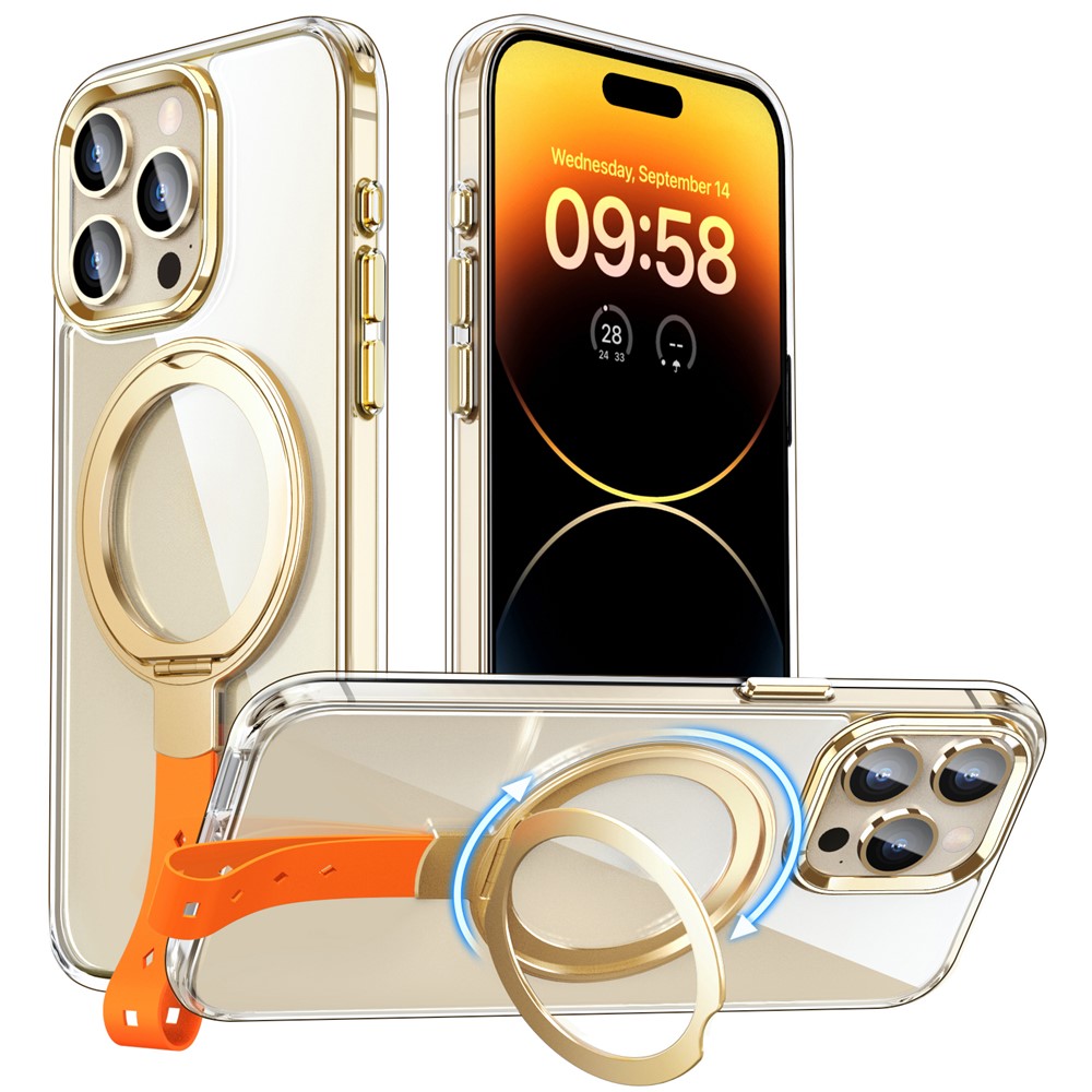 For iPhone 14 Pro Case Compatible with Magsafe Rotatable Kickstand Hard PC Phone Cover - Transparent Gold / Orange Rope