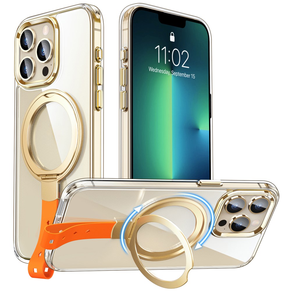 For iPhone 13 Pro Magnetic Case Shockproof Hard PC Phone Cover Rotatable Ring Holder Kickstand - Transparent Gold  /  Orange Rope