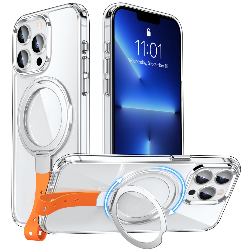 For iPhone 13 Pro Magnetic Case Shockproof Hard PC Phone Cover Rotatable Ring Holder Kickstand - Transparent Silver  /  Orange Rope