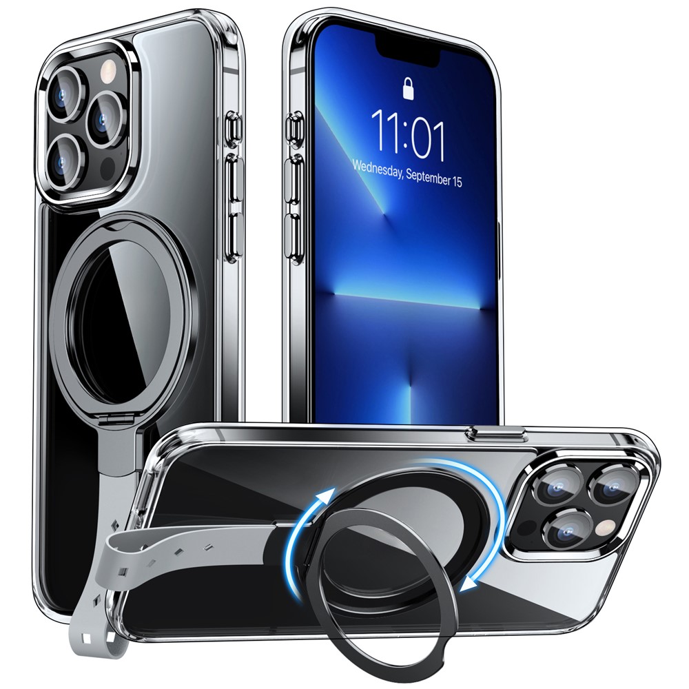 For iPhone 13 Pro Max Case Magnetic Kickstand Rotatable Hard Plastic Phone Cover - Transparent Black / Grey Rope
