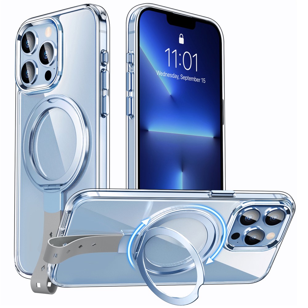 For iPhone 13 Pro Max Case Magnetic Kickstand Rotatable Hard Plastic Phone Cover - Blue / Grey Rope