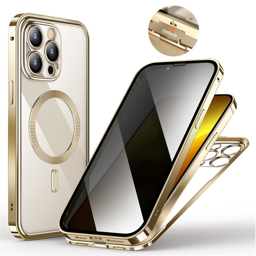 For iPhone 13 Pro Max Privacy Magnetic Case Tempered Glass+PC Phone Cover Double-Sided Protection - Gold