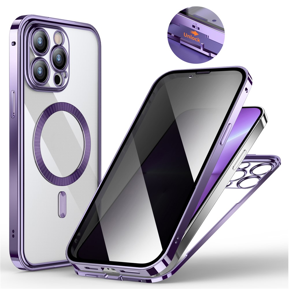 For iPhone 13 Pro Magnetic Case Anti-peep Screen Tempered Glass+PC Phone Cover Safety Buckle Lock - Purple