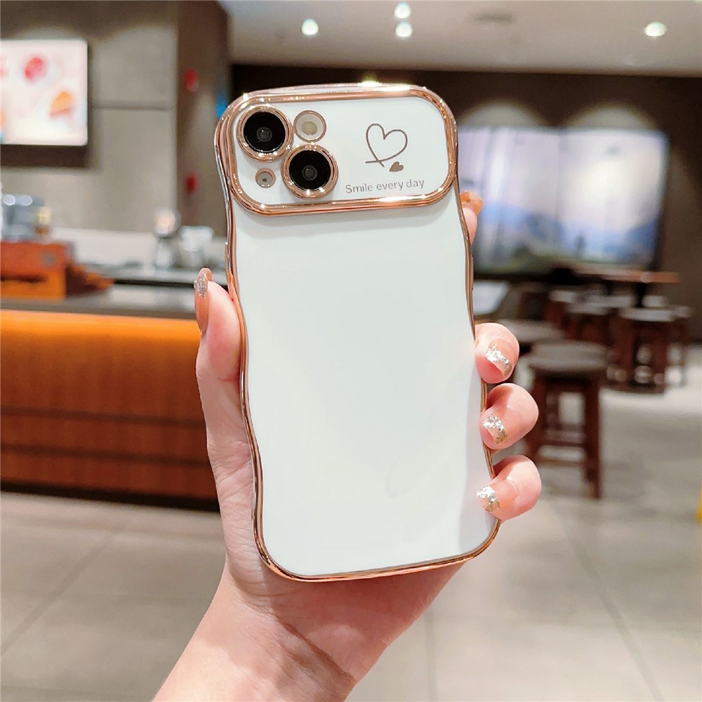 For iPhone 14 Plus Case Wave Frame with Love Heart Raised Camera Protection TPU Cover - Ivory White