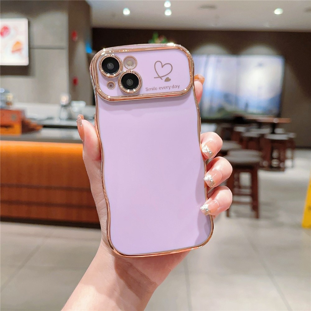 For iPhone 14 Plus Case Wave Frame with Love Heart Raised Camera Protection TPU Cover - Purple