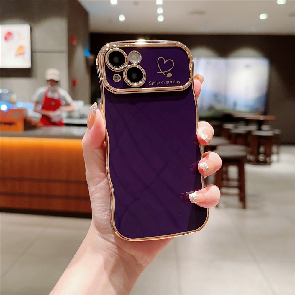 For iPhone 14 Plus Case Wave Frame with Love Heart Raised Camera Protection TPU Cover - Dark Purple