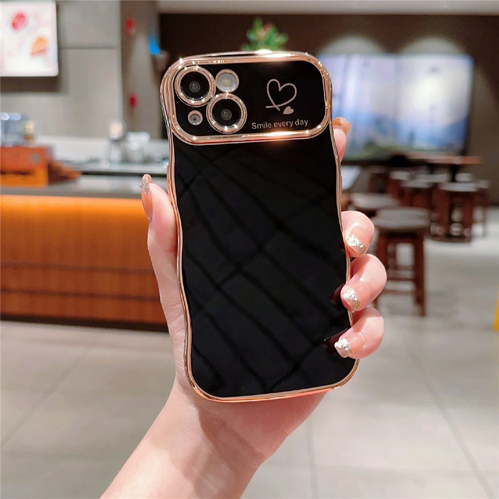 For iPhone 15 Case Wave Frame with Love Heart Raised Camera Protection TPU Cover - Black
