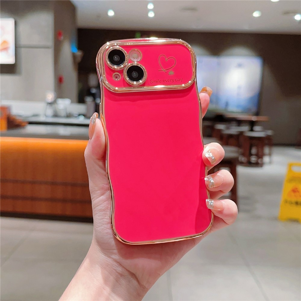 For iPhone 15 Case Wave Frame with Love Heart Raised Camera Protection TPU Cover - Rose