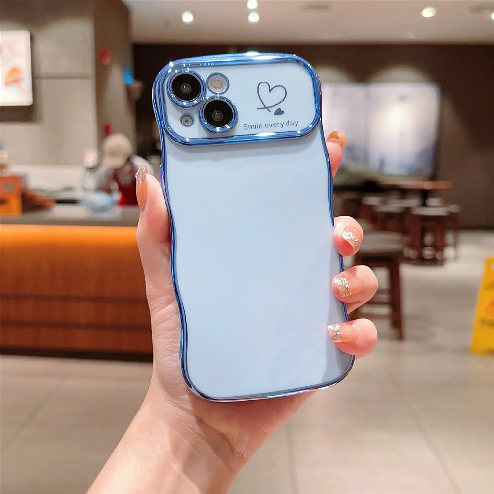 For iPhone 14 Case Wave Frame with Love Heart Raised Camera Protection TPU Cover - Blue