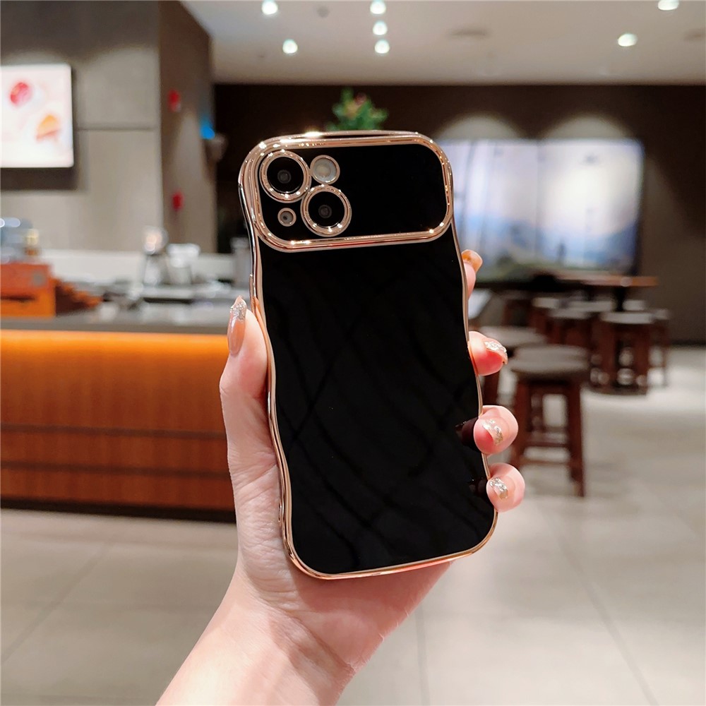 For iPhone 14 Case Curly Wave Frame Shape Electroplating TPU Back Cover - Black
