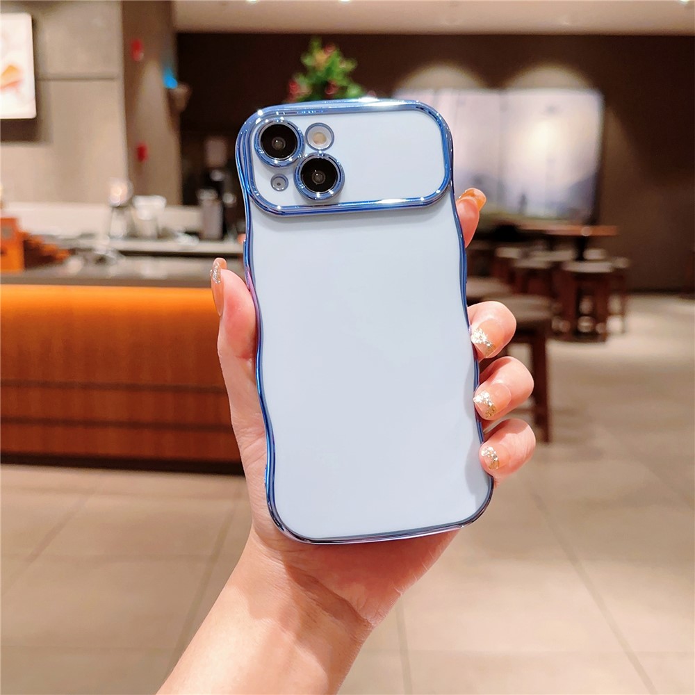 For iPhone 14 Case Curly Wave Frame Shape Electroplating TPU Back Cover - Blue