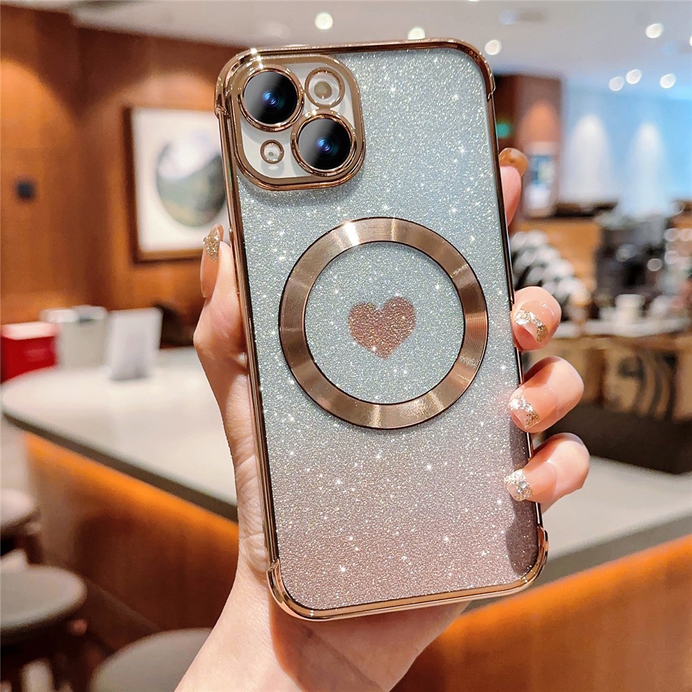 For iPhone 14 Case Compatible with MagSafe Electroplating TPU Phone Cover Aesthetic Glitter Love Heart - Gold
