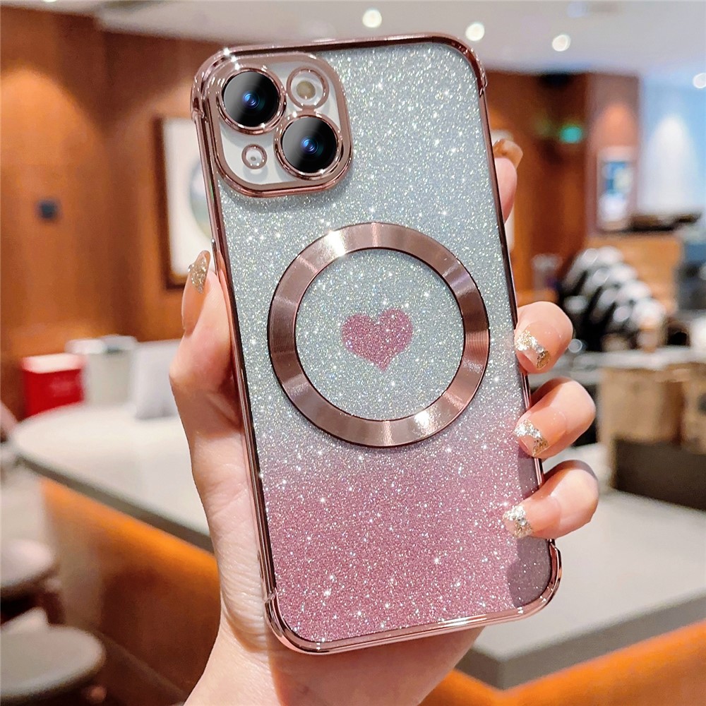 For iPhone 14 Case Compatible with MagSafe Electroplating TPU Phone Cover Aesthetic Glitter Love Heart - Rose Pink