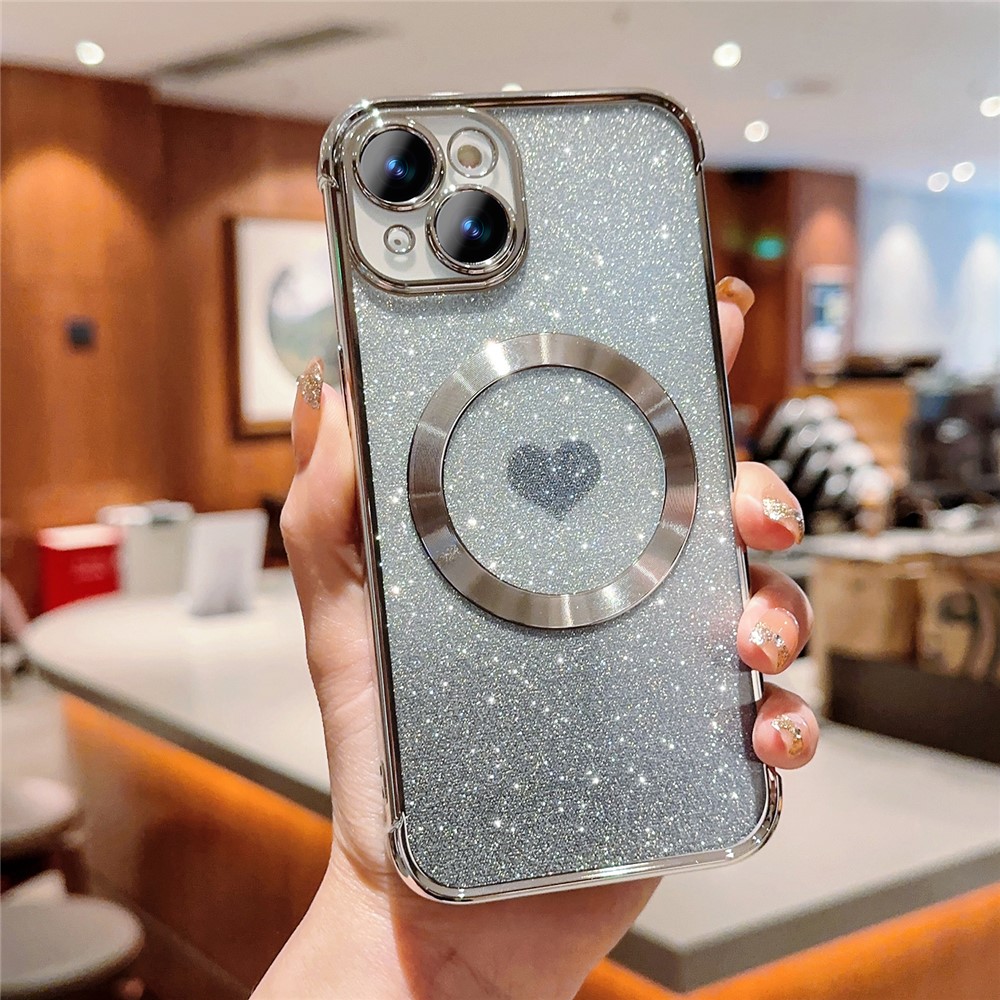 For iPhone 14 Case Compatible with MagSafe Electroplating TPU Phone Cover Aesthetic Glitter Love Heart - Silver