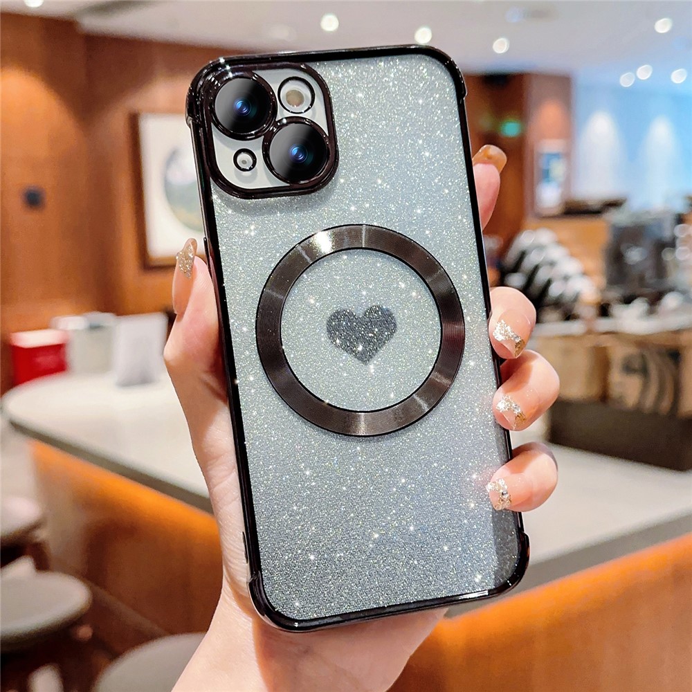 For iPhone 14 Case Compatible with MagSafe Electroplating TPU Phone Cover Aesthetic Glitter Love Heart - Black