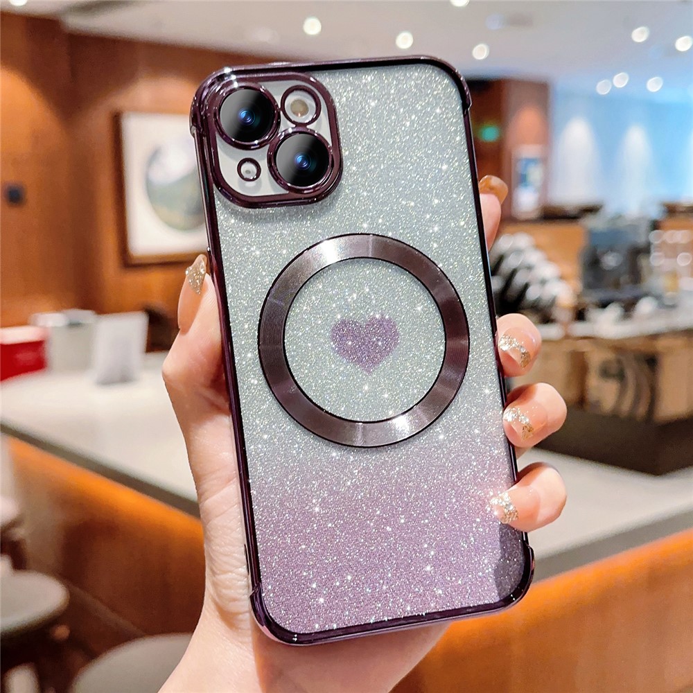 For iPhone 15 Case Compatible with MagSafe Gradient Love Heart Electroplating TPU Phone Cover - Dark Purple