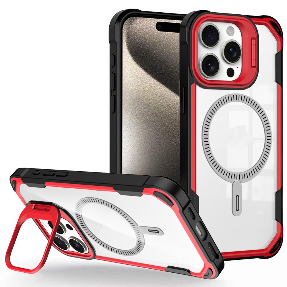 For iPhone 14 Pro Case PC+TPU+Acrylic Back Cover with Lens Kickstand Compatible with MagSafe - Red