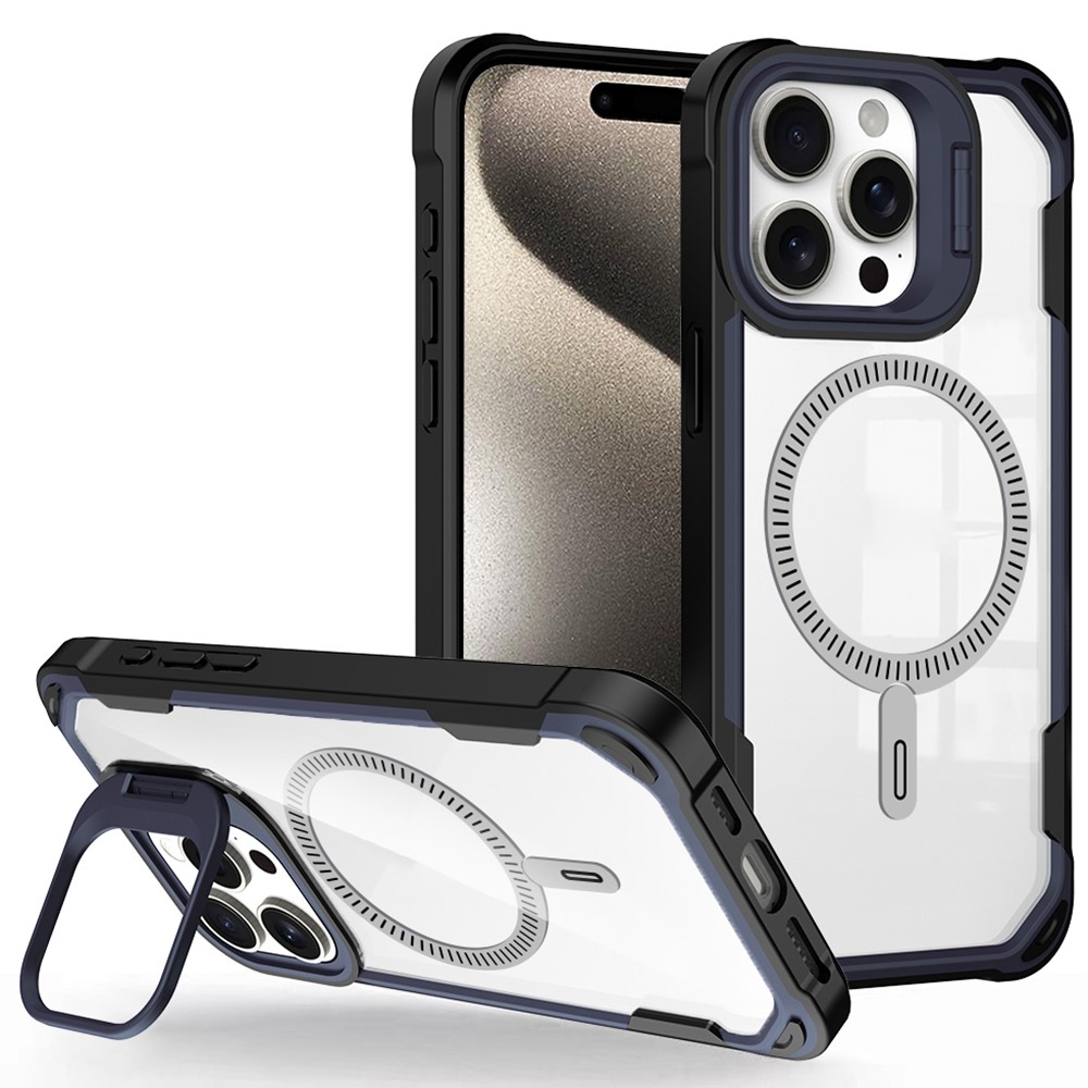 For iPhone 14 Pro Case PC+TPU+Acrylic Back Cover with Lens Kickstand Compatible with MagSafe - Navy Blue