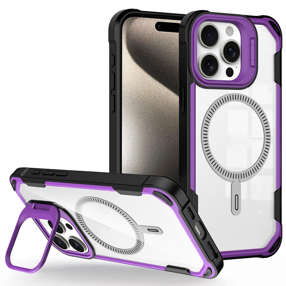 For iPhone 14 Pro Case PC+TPU+Acrylic Back Cover with Lens Kickstand Compatible with MagSafe - Purple